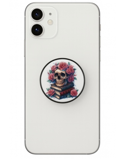 Skull w/Roses on Books Phone Grip Holder Cystic Fibrosis