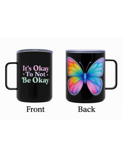 It's OK To Not Be OK Black Travel Mug Rare, Chronic &amp; Grow Positive Thoughts Unicorn Invisible Illness Awareness and Support