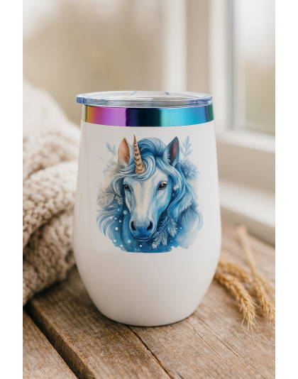 Blue Teal Unicorns White Travel Cup w/ Iridescent Rim Rare, Chronic &amp; Grow Positive Thoughts Unicorn Invisible Illness Awareness and Support