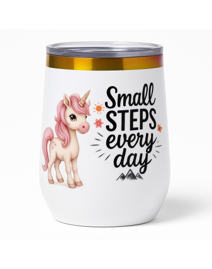 Small Steps Every Day Fight Survival White Travel Cup w/ Iridescent Rim Hope Strength Fighter Rare, Chronic &amp; Grow Positive Thoughts Unicorn Invisible Illness Awareness and Support ( Copy )