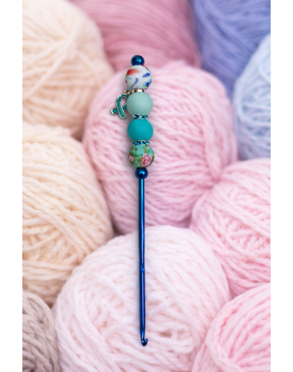Handmade Blue Floral Crochet Hook For Crafter Support Chronic, Rare &amp; Invisible Illness Awareness