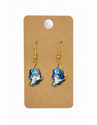 Blue Green &amp; Yellow Butterfly Dangling Earrings Supporting Awareness for Chronic Rare and Invisible Illnesses