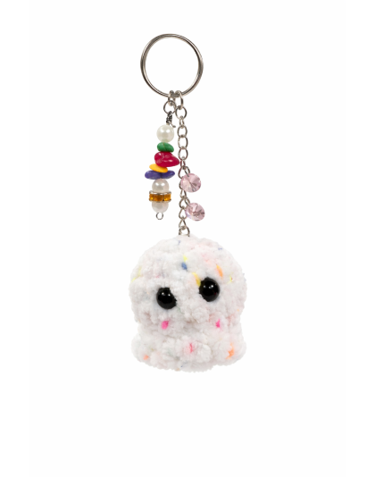 Handmade White With Specks of Rainbow Octopus With Pink Accents and Mult Colored Charm Crochet Plush Keychain Support Chronic, Rare &amp; Invisible Illness Awareness