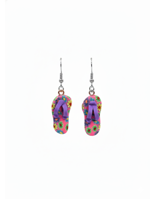 Handmade Tropical Pink Purple Flip-Flop Dangling Earrings Gold Supporting Awareness for Chronic Rare and Invisible Illnesses