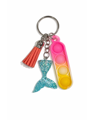 Pink &amp; Yellow Silicone Mini Pop Fidget With Teal Mermaid Tail and Pink Orange Tassel Keychain Sensory Toy Raise Awareness Support Rare Chronic &amp; Invisible Illness