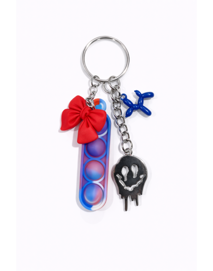 Red White &amp; Blue Swirl Silicone Mini Pop Fidget With Blue Balloon Dog Charm &amp; Silver Melting Smiley Face Keychain Sensory Toy Raise Awareness Support Rare Chronic &amp; Invisible Illness