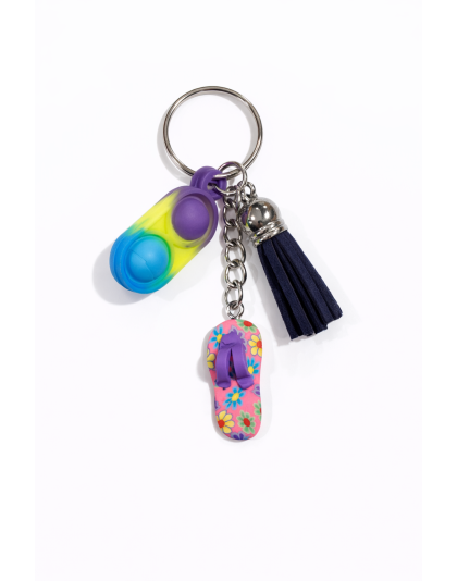 Purple Yellow Blue Silicone Mini Pop Fidget KeychainWoth Pink Floral Flip-Flop And Navy Blue Tassel Sensory Toy Raise Awareness Support Rare Chronic &amp; Invisible Illness