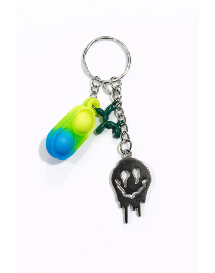 Yellow Green Blue Silicone Mini Pop Fidget With Green Dog Balloon and  Silver Melting Smiley Face Keychain Sensory Toy Raise Awareness Support Rare Chronic &amp; Invisible Illness