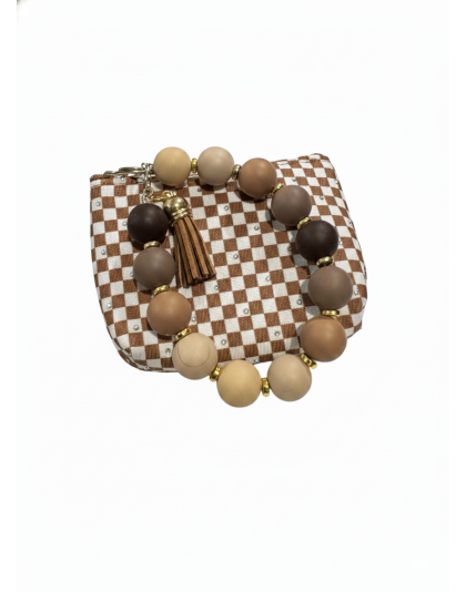 Brown &amp; White Checkered Beaded Wristlet Pouch Support Awareness Chronic and Rare Diseases