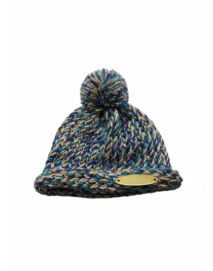 Blue Teal Gray &amp; Gold Infant Hand Knit Winter Beanie Hat w Pom Pom Warm Cozy Handmade Knit Cap Unisex Support &amp; Awareness For Chronic Rare Illness