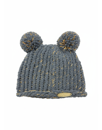 Gray &amp; Gold Hand Knit Winter Beanie Hat w Pom Pom Warm Cozy Handmade Knit Cap Unisex Support &amp; Awareness For Chronic Rare Illness