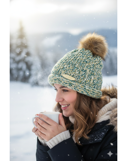 Green and Brown Hand Knit Winter Beanie Hat w Pom Pom Warm Cozy Handmade Knit Cap Unisex Support &amp; Awareness For Chronic Rare Illness