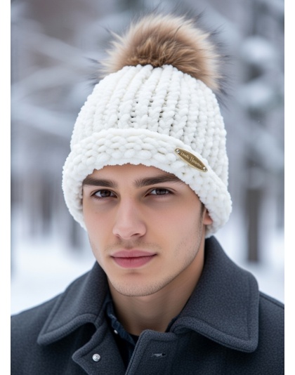 Beige Hand Knit Winter Beanie Hat w Pom Pom Warm Cozy Handmade Knit Cap Unisex Support &amp; Awareness For Chronic Rare Illness