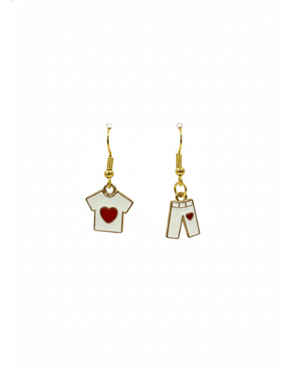 Handmade White Shirt &amp; Pants With Red Heart Dangling Earrings Gold Supporting Awareness for Chronic Rare and Invisible Illnesses