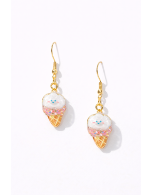 Handmade White Pink Smiley Ice Cream Cone Dangling Earrings Supporting Awareness for Chronic Rare and Invisible Illnesses