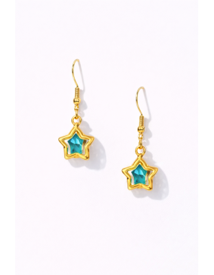 Handmade 3-D Gold Star Teal Stone Dangling Earrings Supporting Awareness for Chronic Rare and Invisible Illnesses